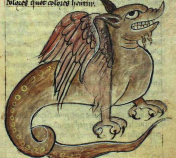 Dragon, Kongelige Bibliotek, Gl. kgl. S. 1633 4°, fol. 50r - Bestiaire latin de la 2ème famille, Angleterre, vers 1400 - 1425