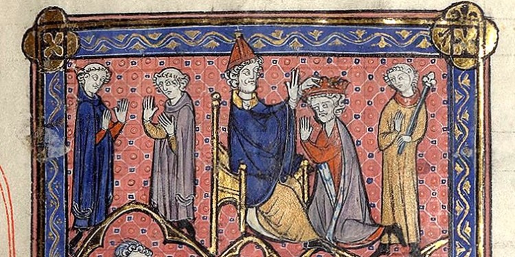 Pépin le Bref couronné par le pape Étienne II tandis que Childéric III est déposé. Enluminure des Chroniques de Saint-Denis, Paris, Bibliothèque Sainte-Geneviève, ms. 782, fo 107 ro, XIIIe siècle.