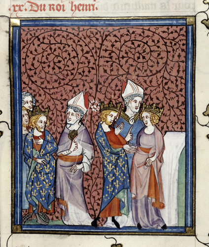 Detail of a miniature of Henry I sending a bishop, and his marriage to Anne. Royal 16 G.VI, f.269v