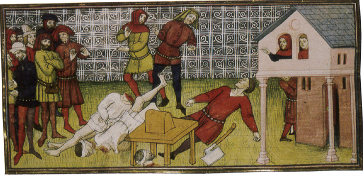 Décapitation avec malaise du bourreau Raoulet, Grandes Chroniques de France ou Chroniques de Saint Denis (de 1270 à 1380). Ms. Royal. 20. C. VII. f. 133V.