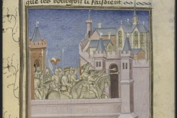 Louis VII le Jeune rentrant (à Paris ?) à la mort de son père Louis VI, Ms 512 - fol. 214r, Bibliothèque municipale de Toulouse (Source gallica.bnf.fr / BnF)