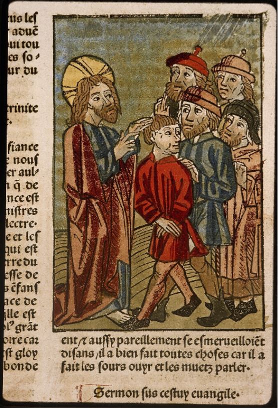 « Guérison du sourd-muet », gravure colorée, Lyon, BM, Inc. 1043, folio : f. 508, 1482