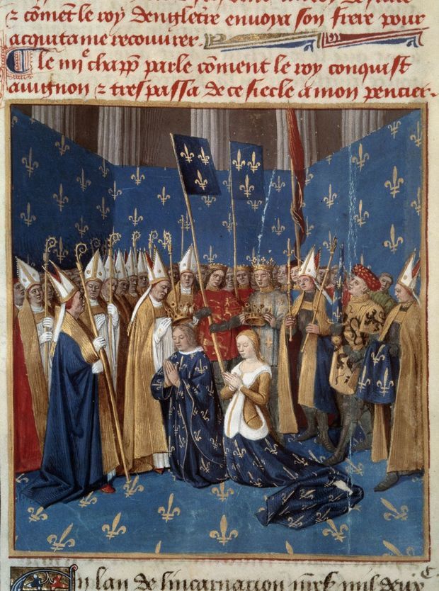 Couronnement de Louis VIII et Blanche de Castille (manuscrit "Les Grandes Chroniques de France" de Jean Fouquet. XVe siècle. Paris, B.N.) 
