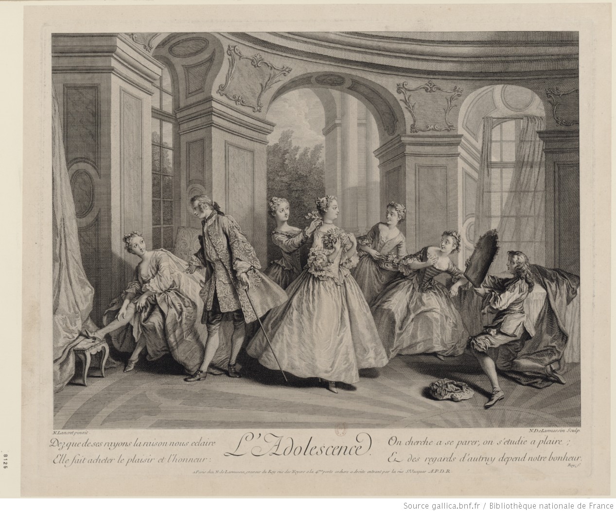 Nicolas Lancret, L’Adolescence, 1707-1708, Paris, N. De Larmessin, estampe. Bibliothèque Nationale de France. [en ligne]. https://gallica.bnf.fr/ark:/12148/btv1b84087496.r=adolescence?rk=85837;2