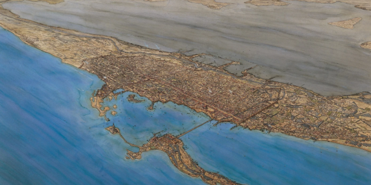 Une aquarelle de Jean-Claude Golvin représentant Alexandrie vue depuis la mer Méditerranée (conservée au musée départemental d’Arles Antique).