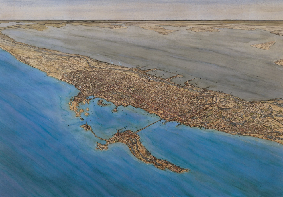 Une aquarelle de Jean-Claude Golvin représentant Alexandrie vue depuis la mer Méditerranée (conservée au musée départemental d’Arles Antique).
