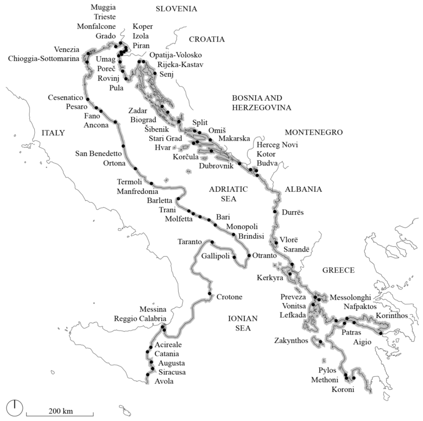 Carte des principales villes de l'Adriatique avec les frontières actuelles