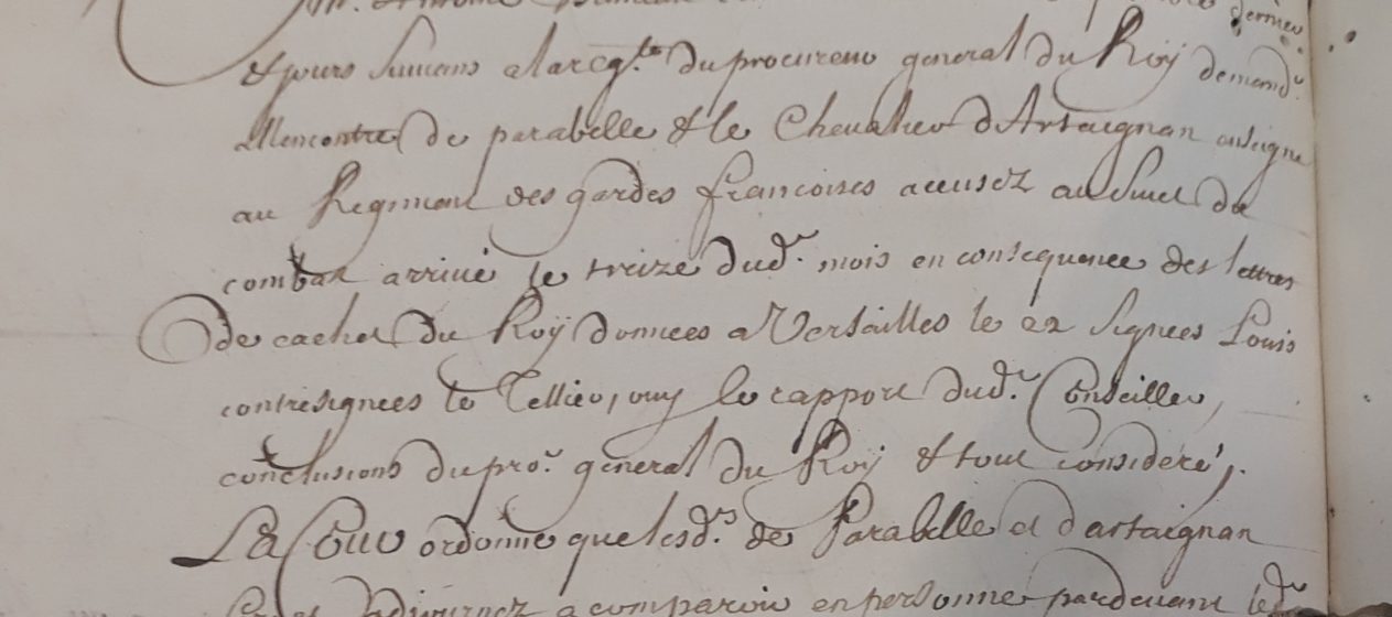 8B2 763 fol.151v : C’est la demande d’arrestation de Louis de Castelore, chevalier d’Artagnan, fils du célèbre d’Artagnan, pour duel.