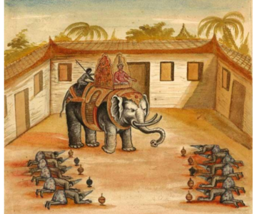 Le roi de Siam sortant de son palais, aquarelle réalisée en 1688 d'après le récit de voyage de Guy Tachard