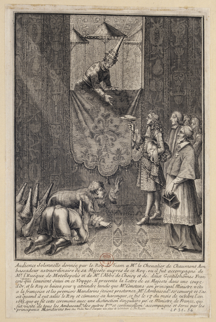 Audience solonelle donnée par le roi de Siam au Chevalier de Chaumont. Estampe anonyme, fin XVIIe siècle.