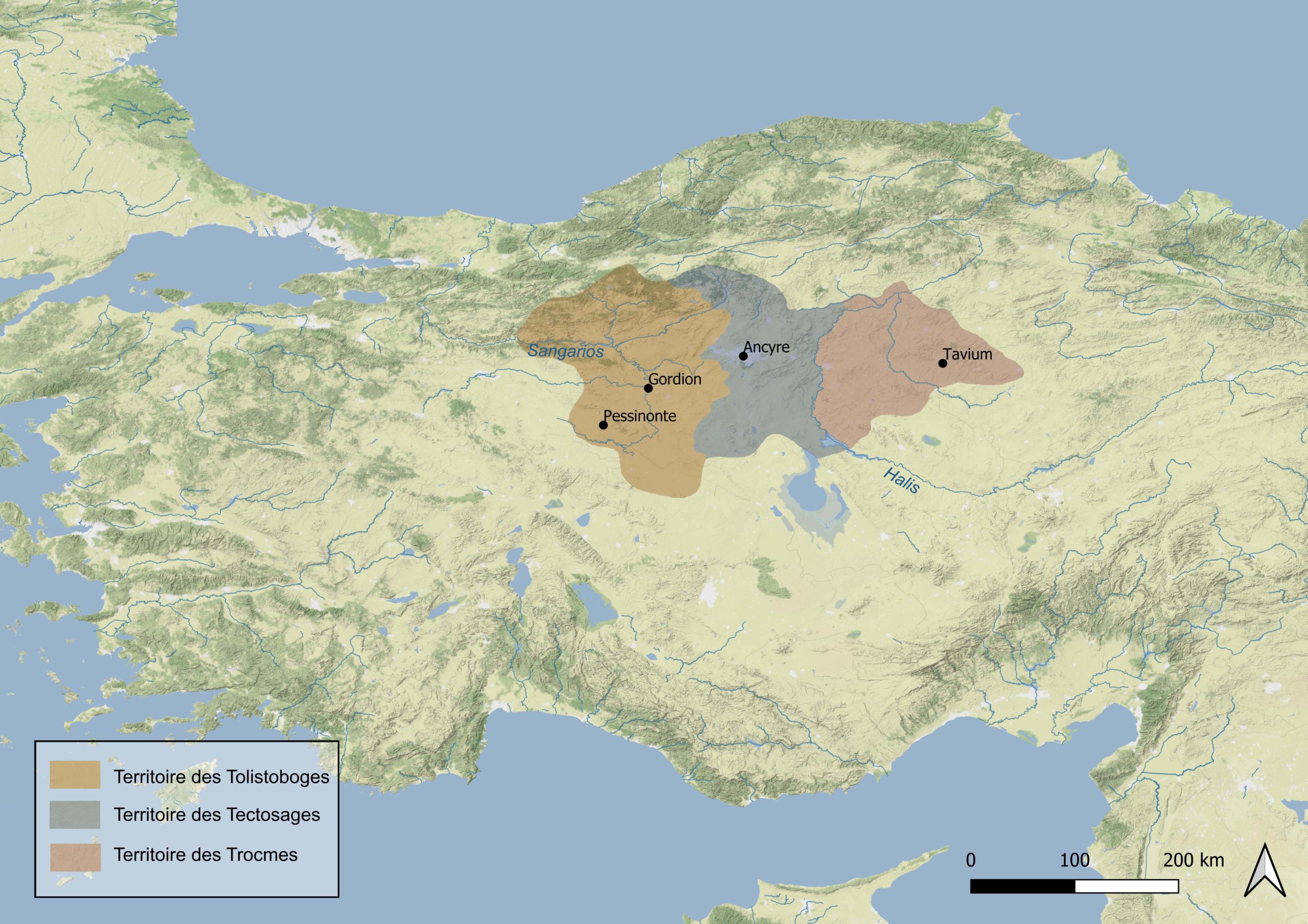 Carte 3 : estimation de l’emprise territoriale galate en Anatolie centrale, entre 270 et 64 a.C. (limites issues de Coşkun 2008, 13).