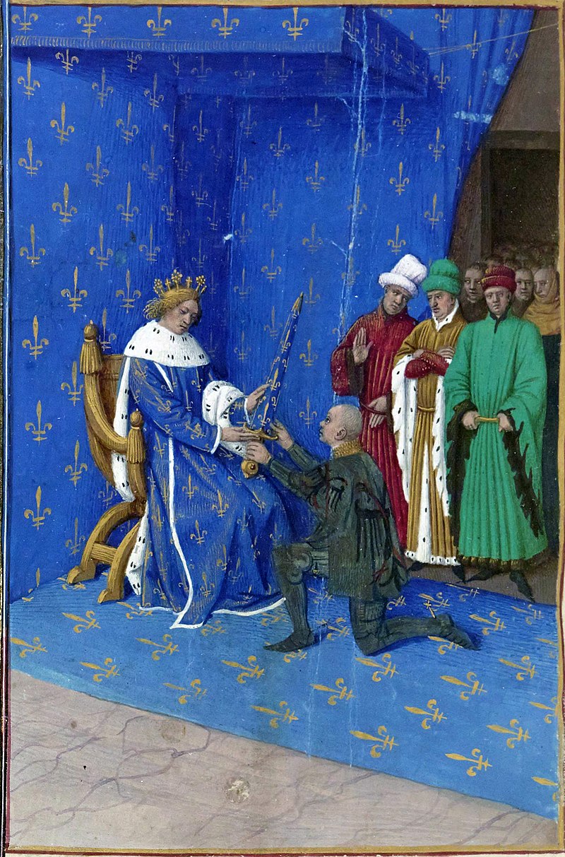emise de l'épée de connétable à Bertrand du Guesclin. Miniature des Grandes Chroniques de France attribuée à Jean Fouquet, vers 1455-1460, BnF, Fr.6465.