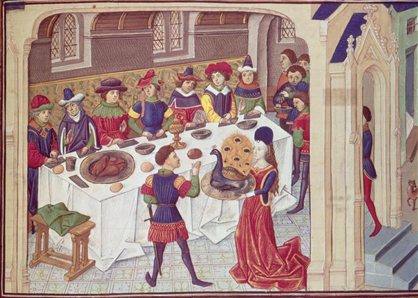 Banquet des vœux du paon, Le Livre des conquêtes et faits d’Alexandre, Paris, Musée du Petit-Palais, fol. 86r.