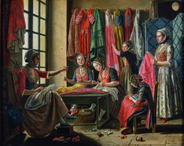 RASPAL Antoine, (1738-1811), L’atelier de couture, Arles, vers 1780, huile sur bois (32.5 x 40.5 cm), Musée Réattu, inv. 868.1.130, leg par Elisabeth Grande en 1868.