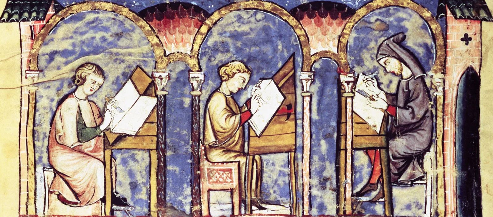 Moines copistes travaillant dans un scriptorium. Enluminure extraite du Livre des jeux, traité du XIIIe siècle réalisé pour Alphonse X de Castille