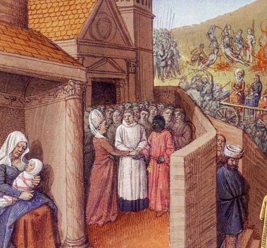 The wedding of Raymond de Campania and Philippa of Catania, as depicted in a manuscript copy of Laurent de Premierfait's French translation of Giovanni Boccaccio's 'De casibus virorum illustrium' made in Brittany (?) in the year 1458 (Munich, Bayerisches Staatsbibliothek, Cod.gall. 6, f. 347). (source)