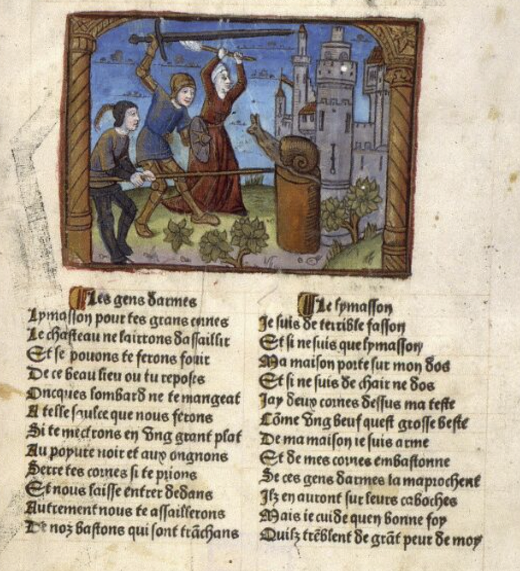 Le débat des gens d'armes et du lymasson - Angers, SA 3390, f. 089 - calendrier des bergers - 1493