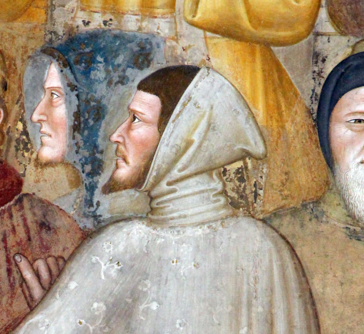 Andrea di Bonaiuto, L'Eglise militante et triomphante (détail de Cimabue et Giotto en gris), 1343-1355. Fresque. Cappellone degli Spagnoli, chiesa Santa Maria Novella, Florence