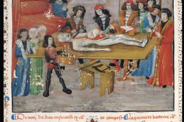 Ms H 184 fol.14v Dissection lesson at the Faculty of Medicine in Montpellier, from 'La Grande Chirurgie' by Guy de Chauliac, 1363