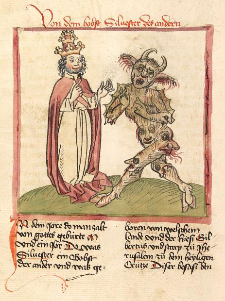 Pope Silvester II. and the Devil Illustration from Cod. Pal. germ. 137, Folio 216v Martinus Oppaviensis, Chronicon pontificum et imperatorum ~1460