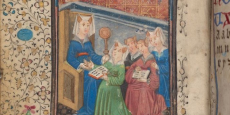 Maîtresse d’école et ses élèves féminines (sur la page d’en face l’Alphabet) Livres d’Heures en moyen néerlandais (c. 1440), Bruges Londres, British Library, Ms Harley 3828, fol. 27v.