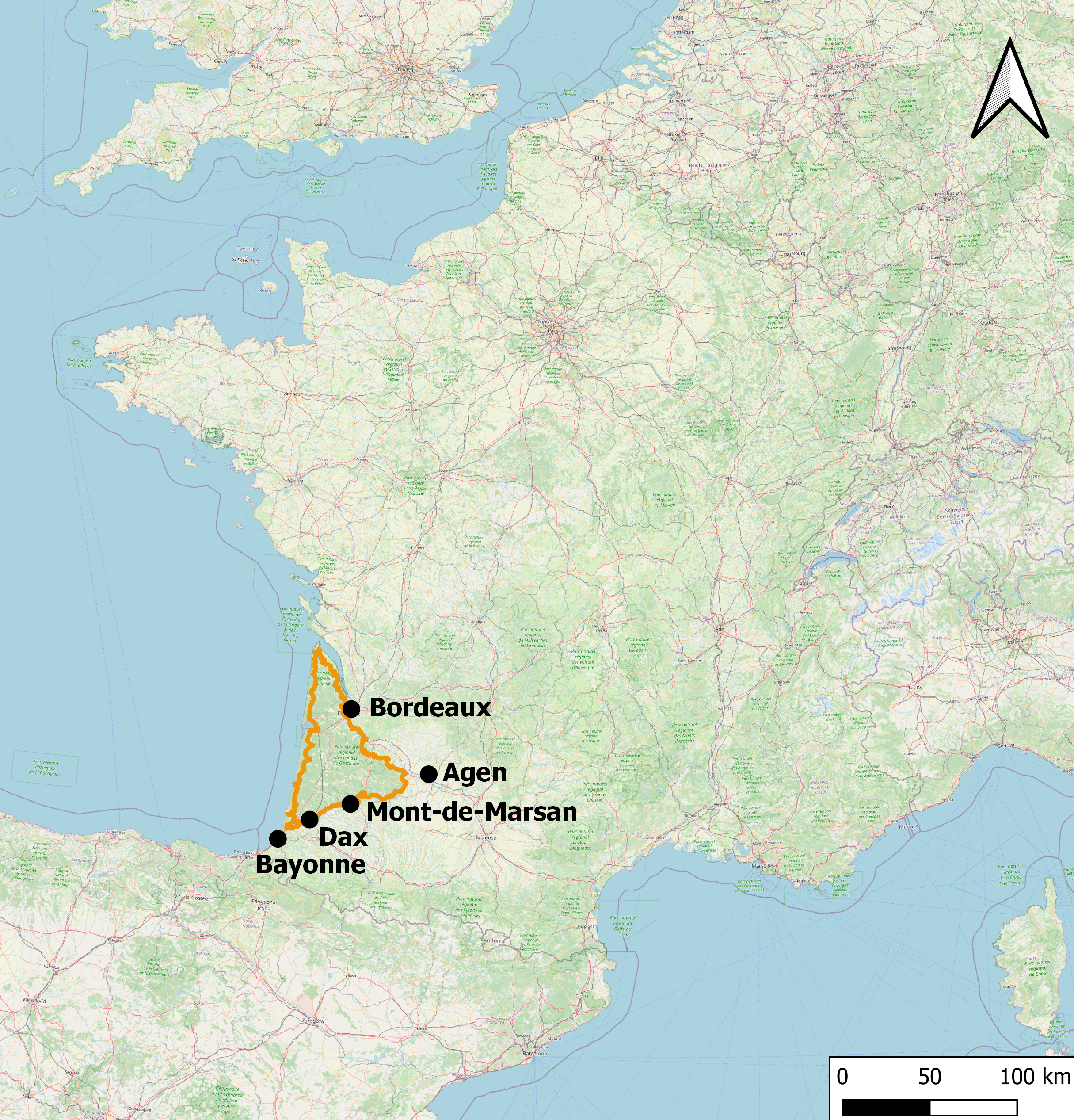 Carte de France avec limites de l’espace des Landes de Gascogne (fond OpenStreetMap, DAO Gabriel Vialatte)