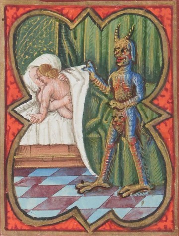 Devil in the bedroom, Bible moralisée, France 15th century (BnF, Français 166, fol. 139r)