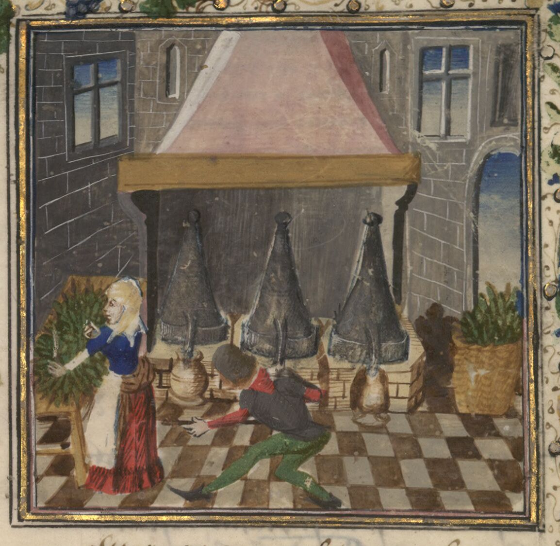 Distillation de plantes (Matthieu Plaetarius, Livre des simples médecines, Paris, BnF, ms. fr. 623, 2e moitié du XVe siècle, f.23)