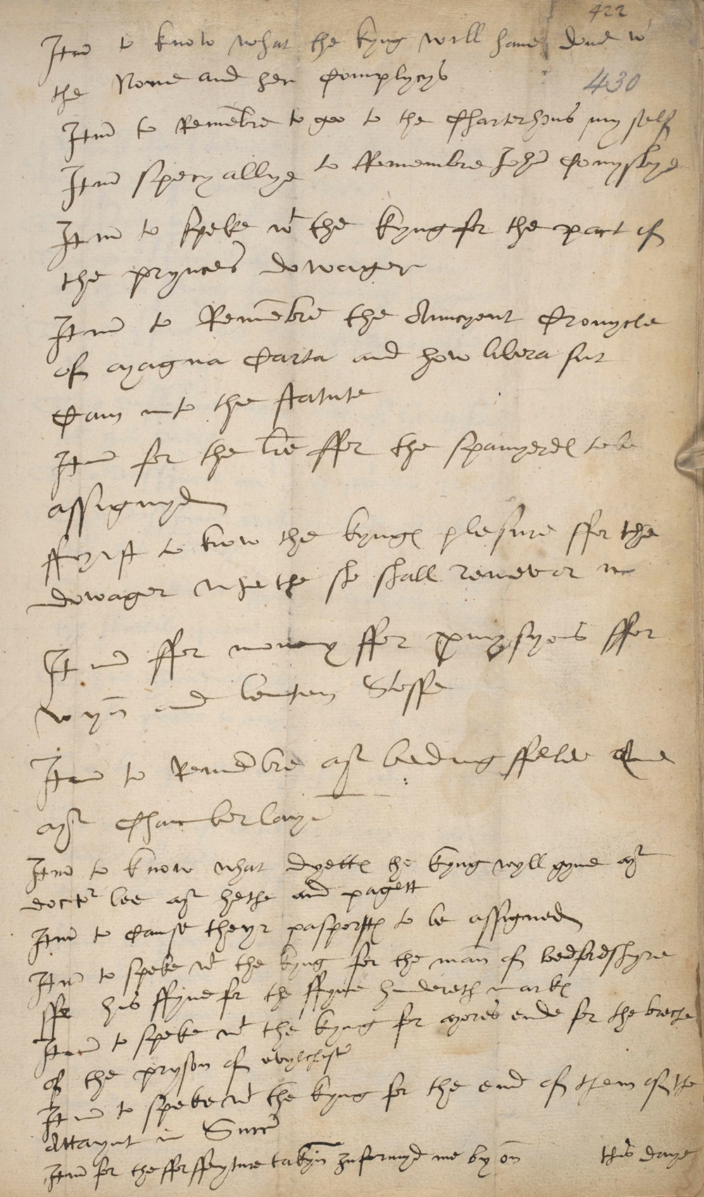 Cotton MS Titus BI : manuscrit de la main de Thomas Cromwell qui décrit une liste de choses à faire, Cotton MS Titus B I, début 1534, British Library, Londres.