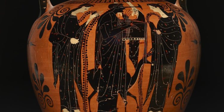 Apollon entouré de deux figures féminines. Amphore, Londres, British Museum, inv. 1843,1103.48.