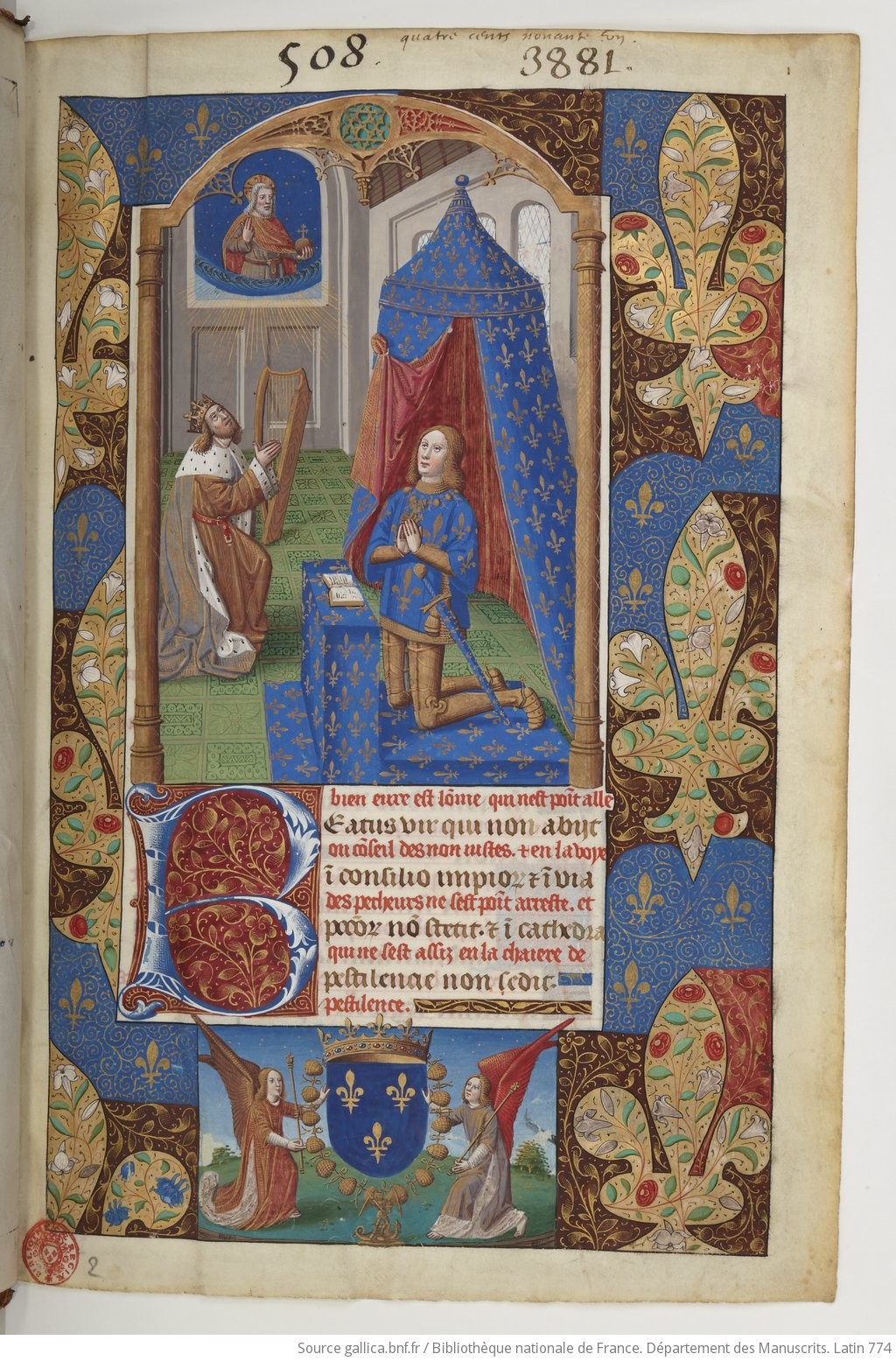 Psautier latin-français de JEAN DE RELY, aumônier du roi Charles VIII (traduction interlinéaire en rouge), divisé par féries, sans glose.