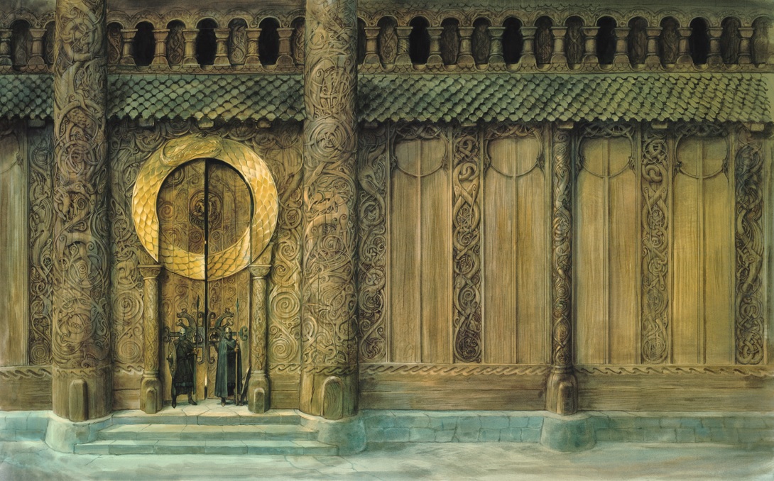 The Doors of Heorot (Les Portes de Heorot) Beowulf: A Tale of Blood, Heat, and Ashes de Nicky Raven, publié par Templar Publishing, 2007 Encre et aquarelle sur papier, 61 × 97,5 cm
