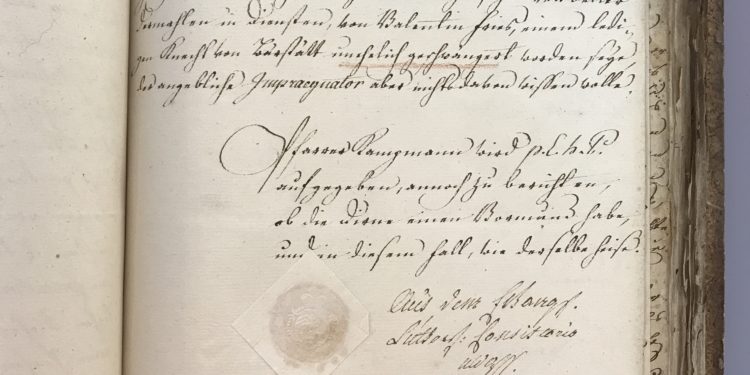 AA-S 2G393/3, Archives de la paroisse luthérienne de Reitwiller - Extrait de protocolle du 19 juillet 1780, envoyé par le consistoire de Bouxwiller au pasteur Kampmann de Reitwiller pour obtenir un complément d'information sur la grossesse hors mariage de Maria Volzen.