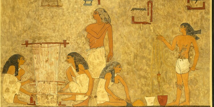 Tisseuses de la tombe de Khnoumhotep II, XIIe dynastie, Beni Hasan, d'après N. de Garis Davies, Weavers, Tomb of Khnumhotep. MET, inv. 33.8.16