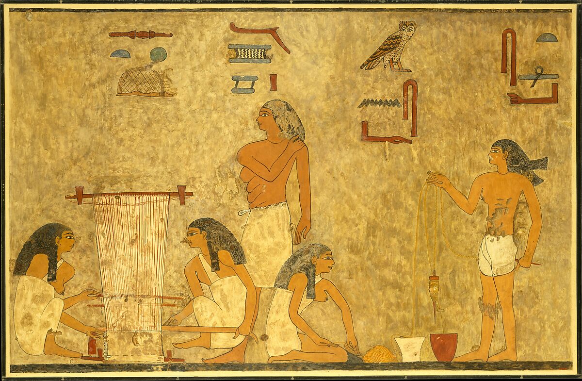 Tisseuses de la tombe de Khnoumhotep II, XIIe dynastie, Beni Hasan, d'après N. de Garis Davies, Weavers, Tomb of Khnumhotep. MET, inv. 33.8.16