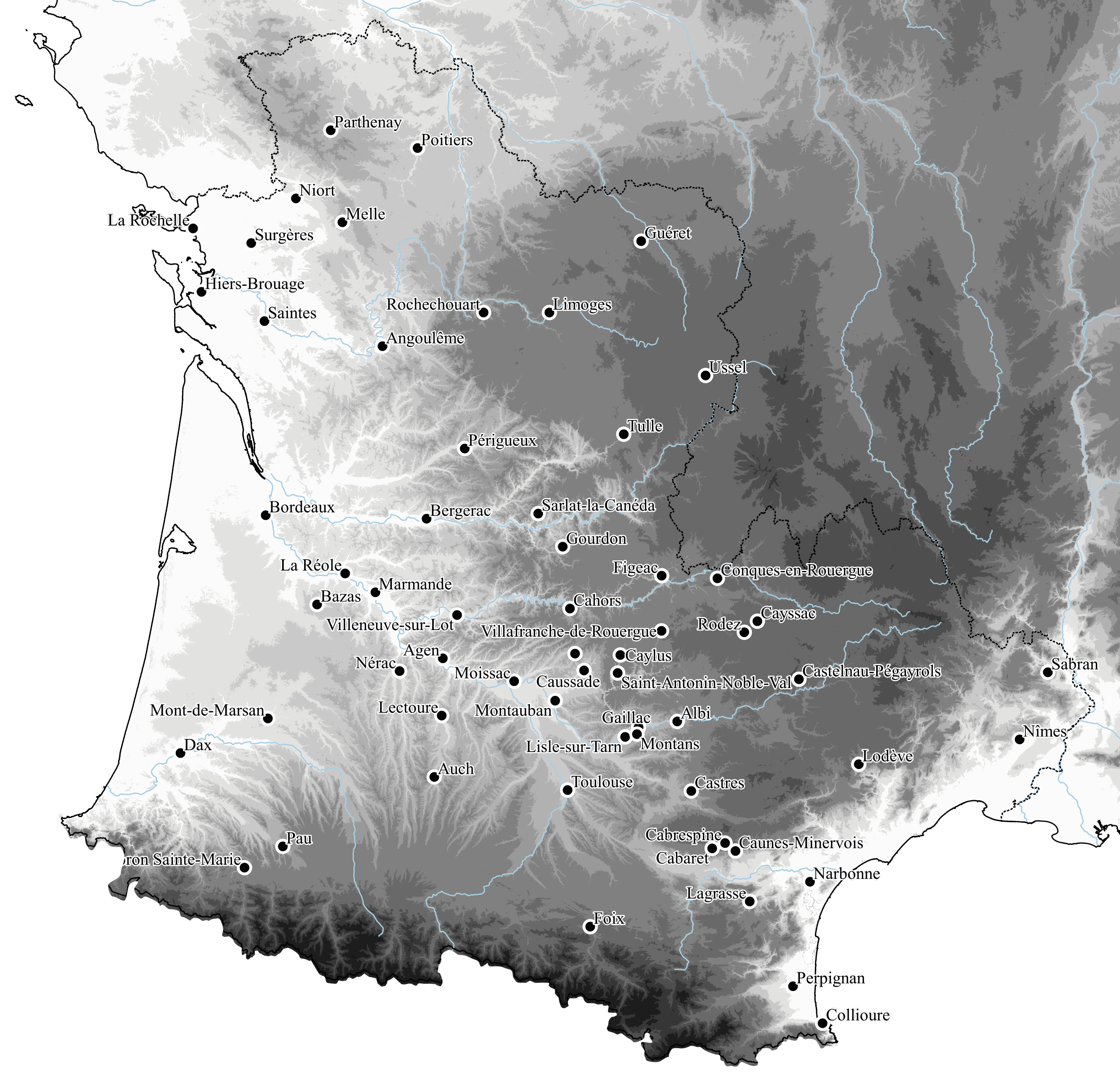 Localisation des sites urbains étudiés, crédits : A. Van de Luitgaarden, fond : SRTM.