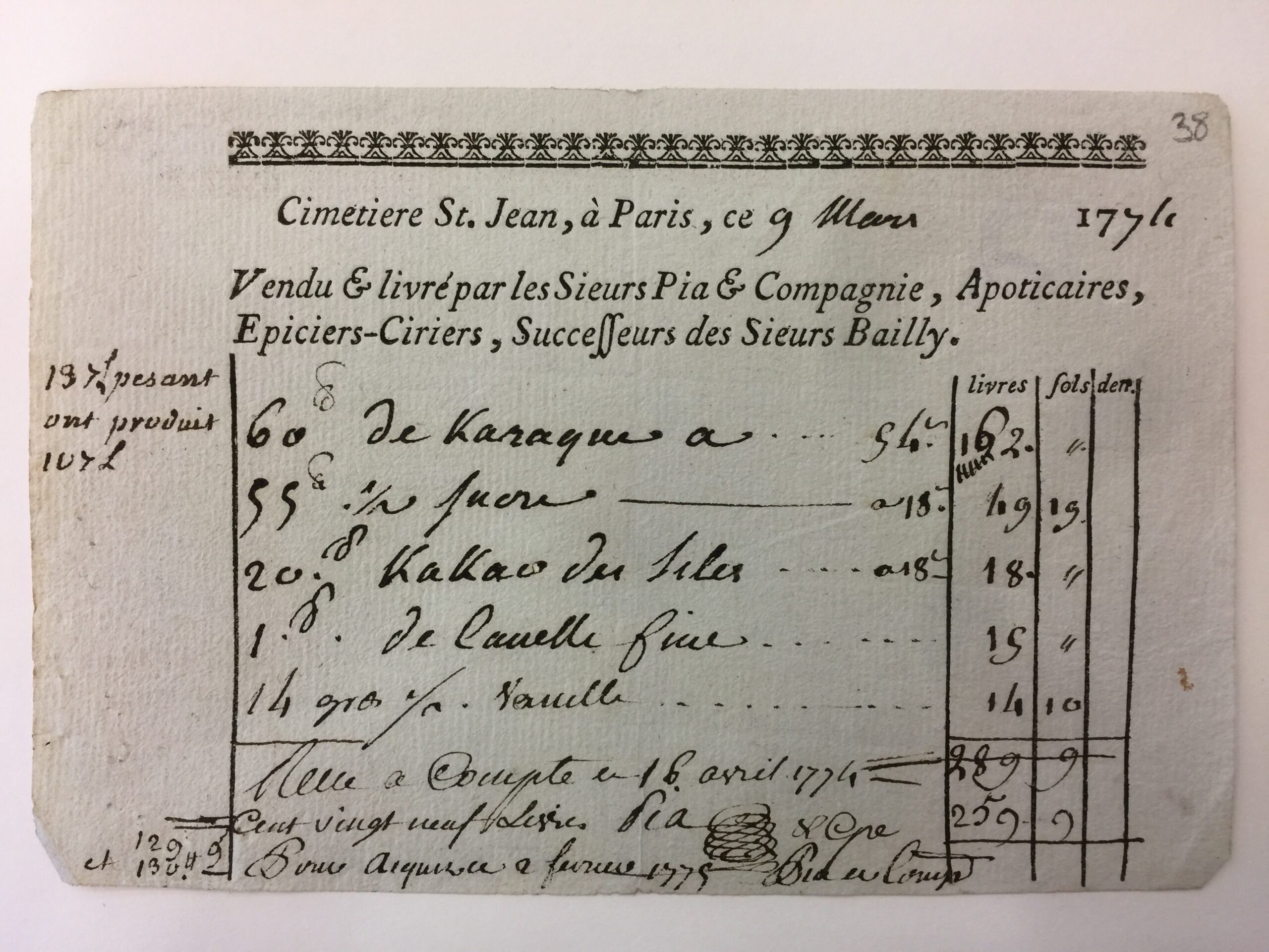 AD 94 46J 174, Facture pour préparation chocolatée, 1774 (f°38).