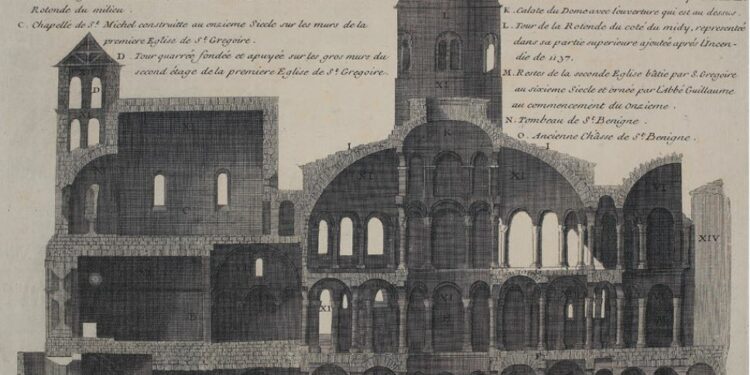 21LA ROTONDE DE SAINT-BENIGNE, 1 000 ANS D’HISTOIRE Explication de la coupe et de ce qui reste des anciennes Eglises du sixième Siècle et des trois Rotondes du onzième Siècle, extrait de Dom Urbain Plancher, « Histoire générale et particulière de Bourgogne », Tome 1, planche 499 Vers 1739, lithographie sur papier L Est. AI-II 2 © BM Dijon
