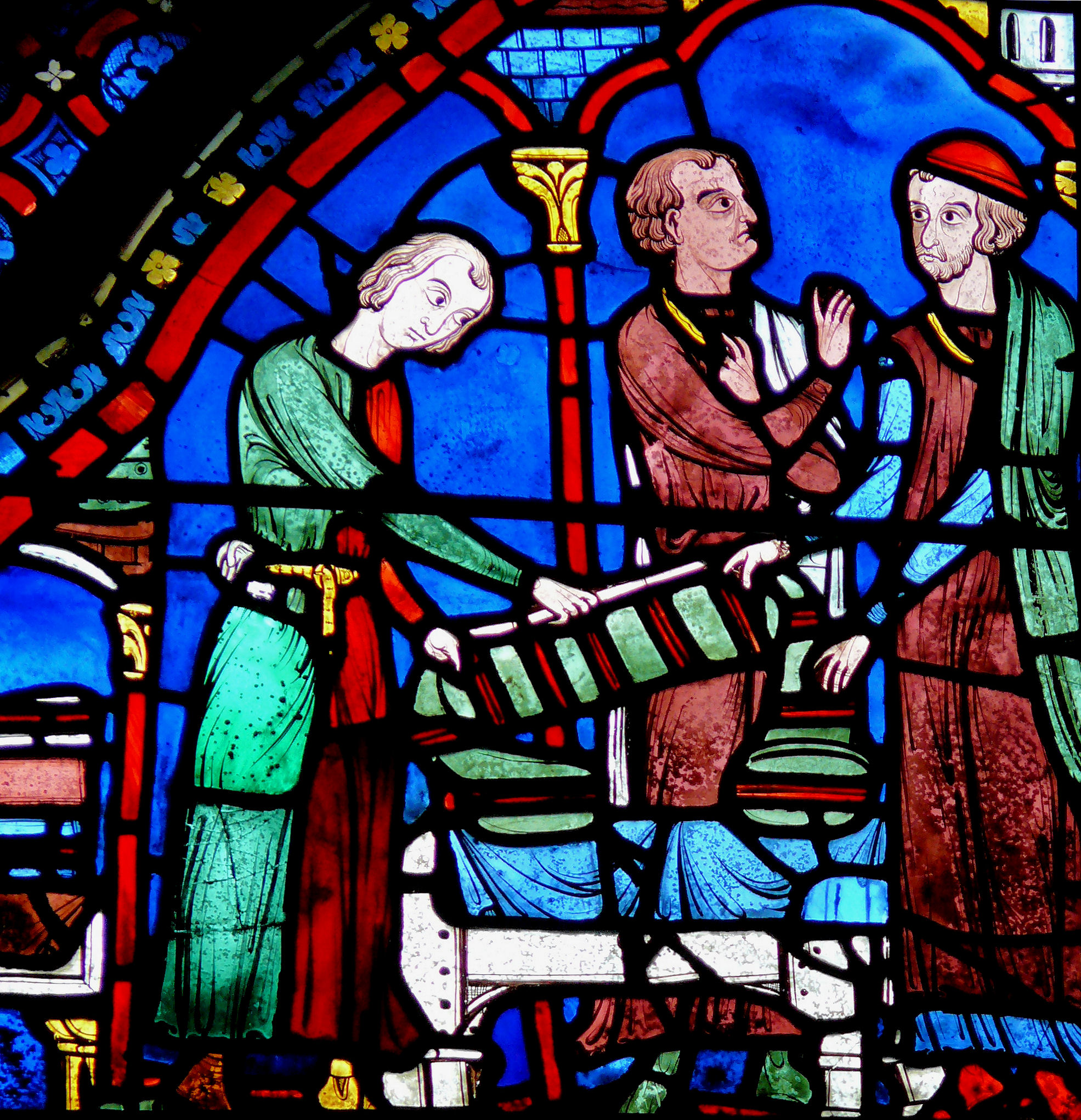 cathédrale de Chartres_-_Vitrail_de_l'histoire_de_la_vie_de_saint_Jacques_le_Majeur_-_Drapiers (première moitiée XIIIe siècle).