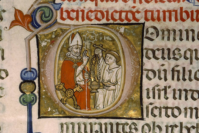 Bénédiction d’un encensoir, fol. 165 dans Pontifical de Guillaume Durand, début 1359-fin 1390, Provence, ms.0143, Bibliothèque national de France © Gallica