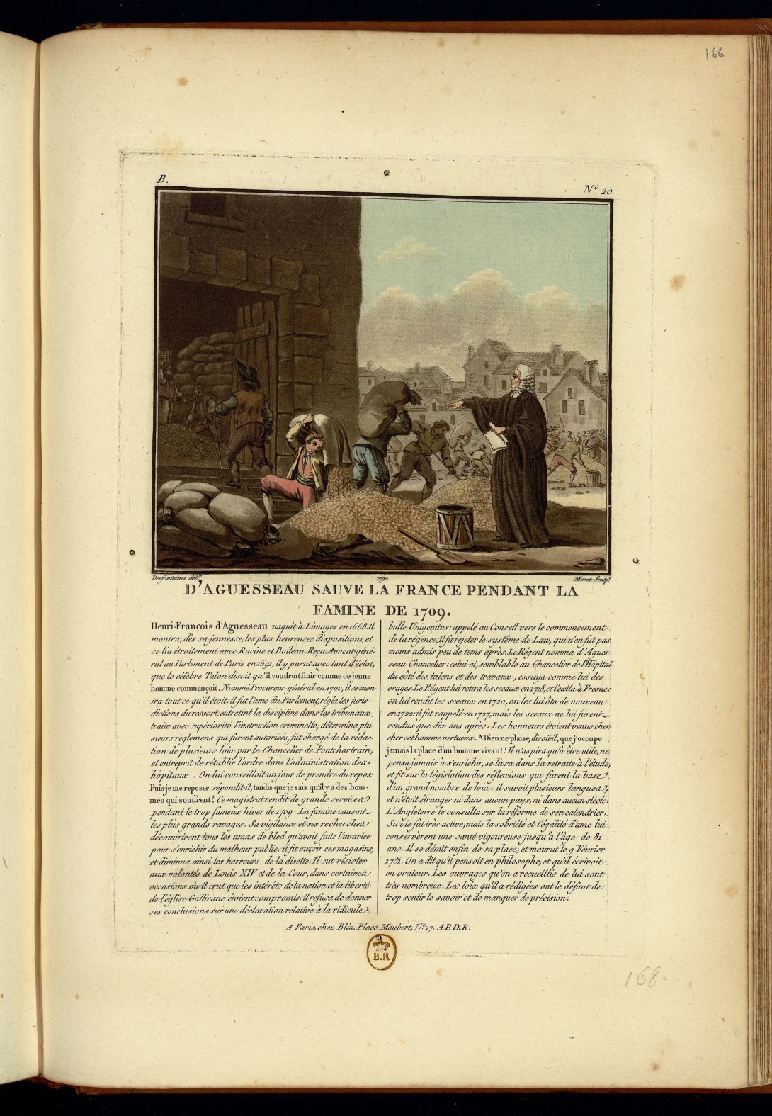 SERGENT Antoine Louis François, D’Aguesseau sauve la France pendant la famine de 1709, Portraits des grandes hommes, femmes illustres et sujets mémorables de France, gravés et imprimés en couleur, Blin, 1786-1792, p166
