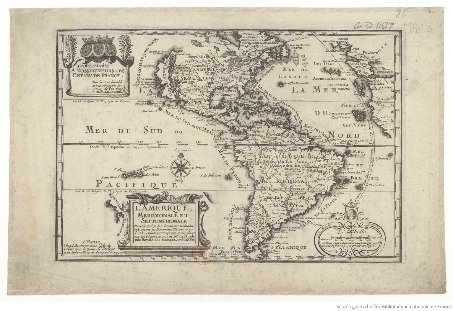 L'Amérique méridionale et septentrionale dressée... sur les observations... de l'académie royale des sciences, par Nicolas de Fer, 1705. Source : Bibliothèque nationale de France, département Cartes et plans, GE D-11617
