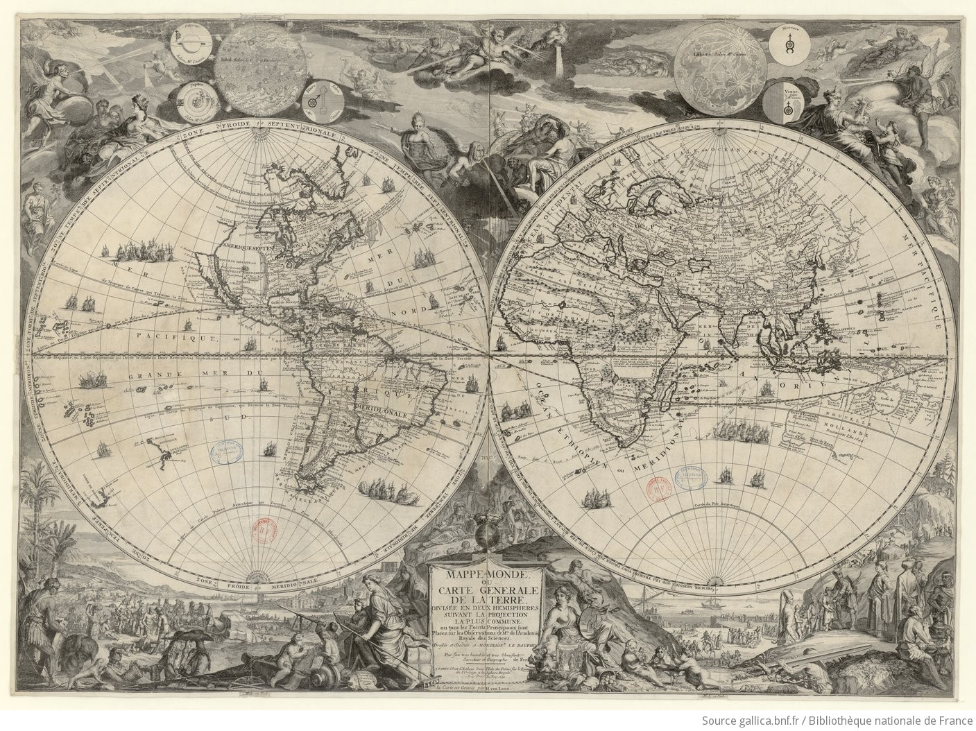 Nicolas de Fer, Mappe-Monde ou Carte Generale de la Terre divisée en deux hemispheres suivant la projection la plus commune (Paris, chez l’auteur, 1694). Source : BnF, département des Cartes et plans, GE DD-2987 (92 B).