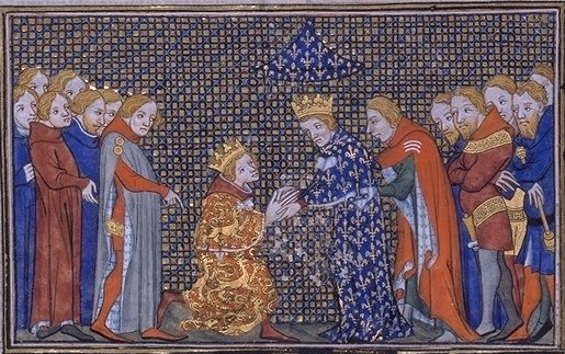 Hommage vassalique pour le duché d’Aquitaine du roi d’Angleterre Édouard III (à gauche) au roi de France Philippe VI (à droite) en 1329, Grandes chroniques de France, Paris, Bibliothèque nationale de France, ms. français 2813, fol. 357v, XIVe siècle.