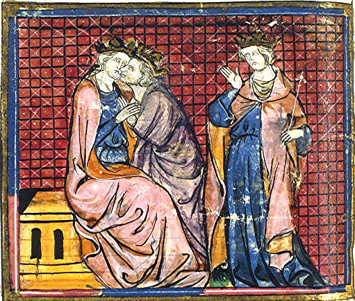 Hommage de Ban et Bohort (à droite) à Arthur (à gauche), Histoire du saint Graal, Paris, Bibliothèque nationale de France, fol. 171 v, XIVe siècle.
