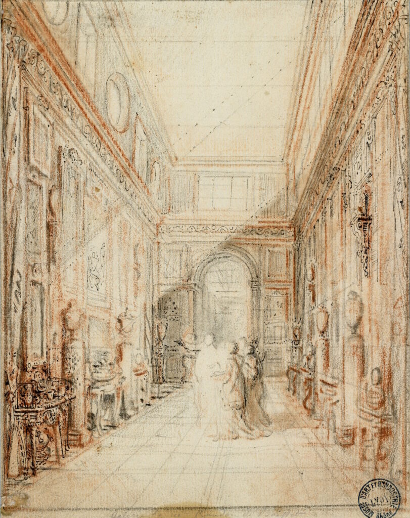 La Galerie Randon de Boisset, Gabriel de Saint Aubin, 1777, Lyon, Musée des arts décoratifs, © Lyon, musée des Tissus et des Arts décoratifs — Sylvain Pretto.