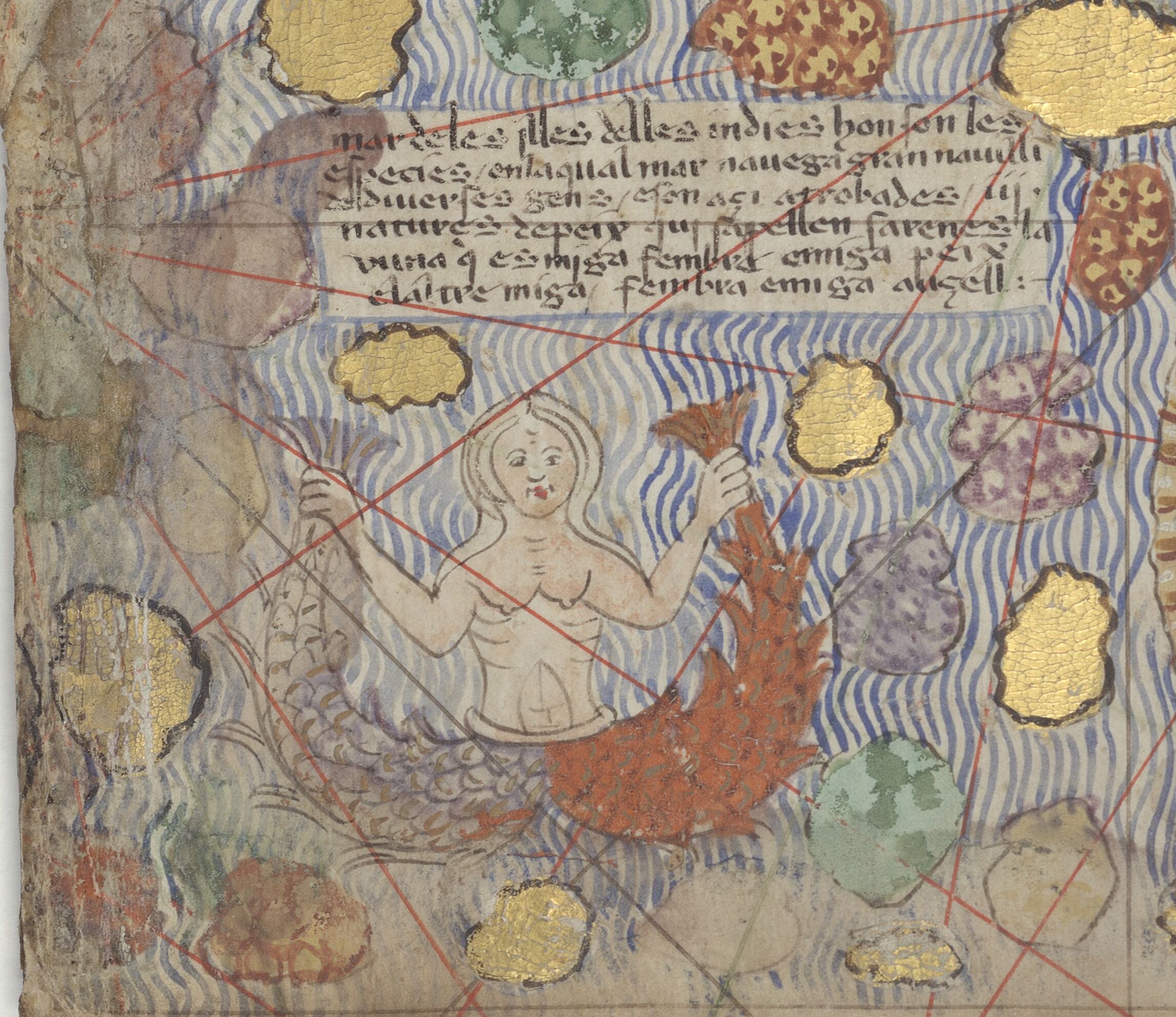 Extrait du ms. esp. 30 de la BnF, Paris, Elisha ben Abraham Cresques, Atlas de cartes marines dit « Atlas catalan », f. 12, v. 1375. Source : https://gallica.bnf.fr/ark:/12148/btv1b55002481n.