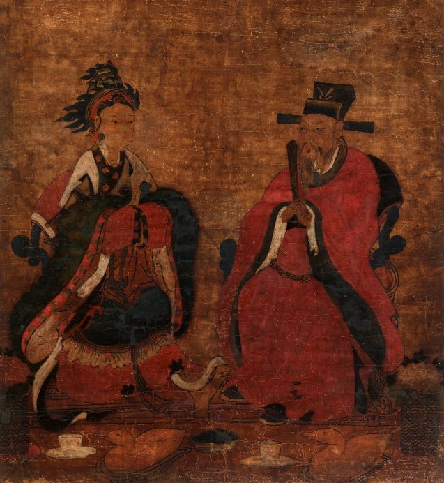 Portrait du couple Kongmin (恭愍, r. 1351-1374)-Noguk Taejang Kongju (魯國大長公主, de son nom Botasiri 寶塔實里, d. 1365), H. peinture 81,5 cm × L. peinture 65,4 cm, date inconnue, auteur inconnu (libre de droit). Conservée au Jongmyo (temple des ancêtre du Chosŏn), Numéro d’artefact : Jongmyo 13222, www.gogung.go.kr.