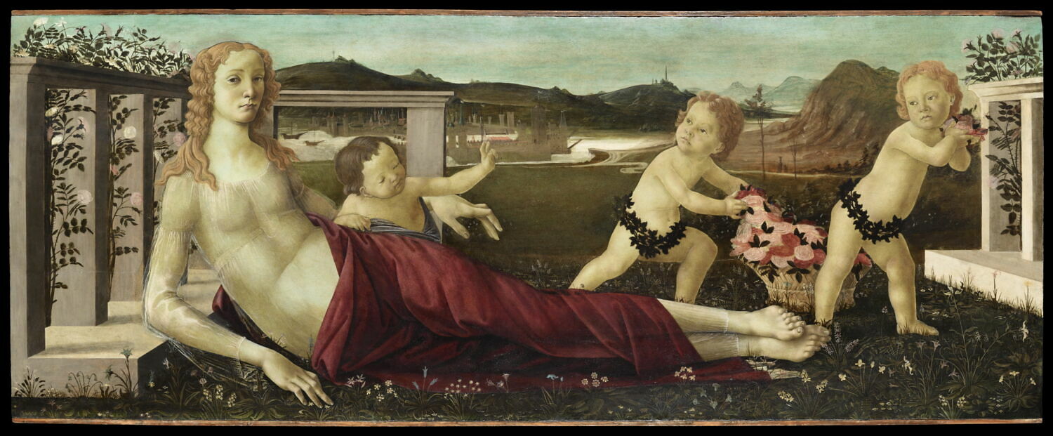 Sandro Botticelli (Sandro du Mariano di Filipepi, dit) et atelier, Vénus et trois putti (L'Amour sacré et l'Amour profane ?), vers 1480, huile sur bois, H: 85 ; L: 219 cm, Avignon, musée du Petit Palais (dépôt du musée Louvre), MI 546