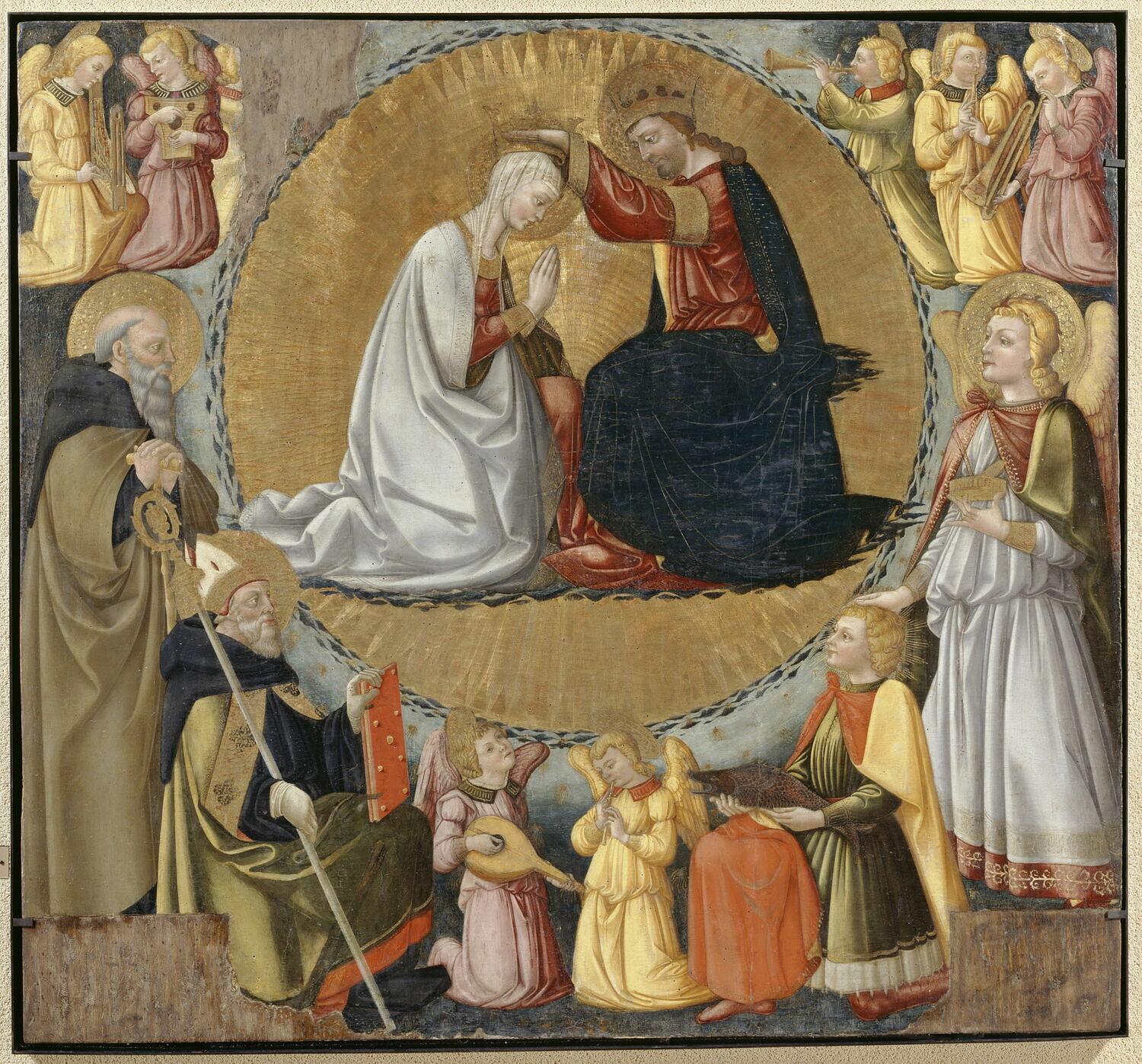 Neri di Bicci, Le Couronnement de la Vierge, avec saint Antoine, saint Augustin, Tobie et l'Ange, vers 1463, tempera et or sur bois (peuplier), H: 158 ; L: 169 cm, Avignon, musée du Petit Palais (dépôt du musée du Louvre), INV 20252